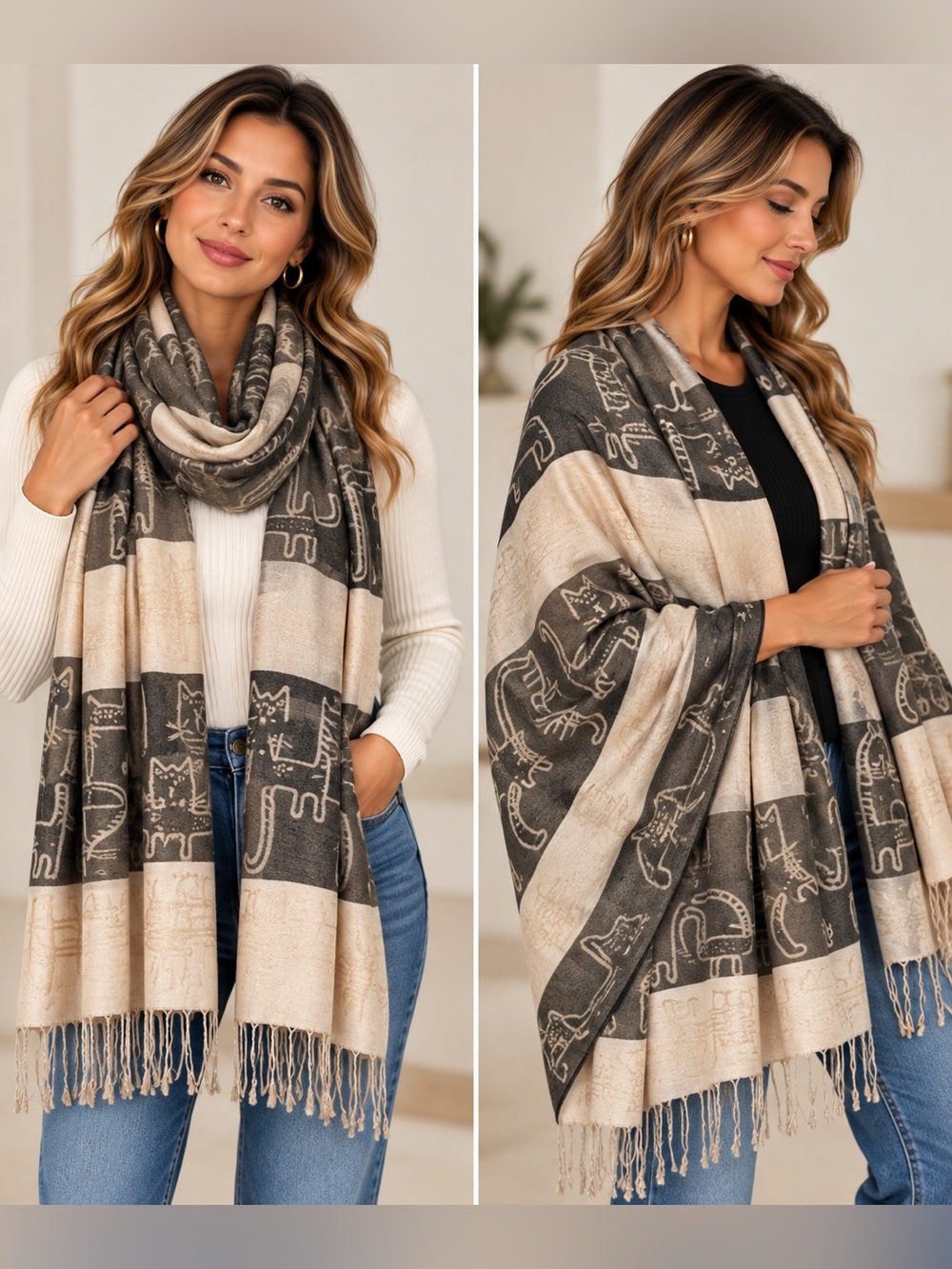 Neutral Cat Pattern wrap scarfCream & Brown